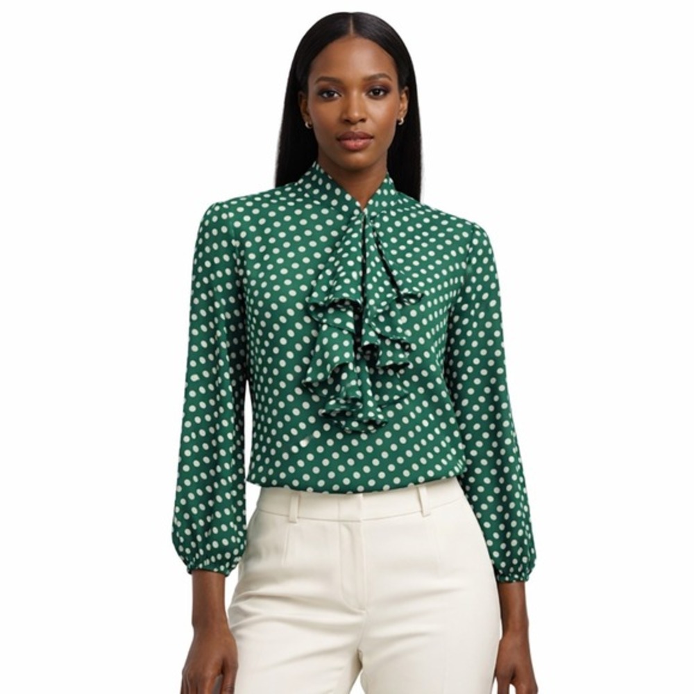 Eva‎ Mendes NY&Co Green Polka Dot Ruffle Front High Neck Blouse S Preppy 79-51